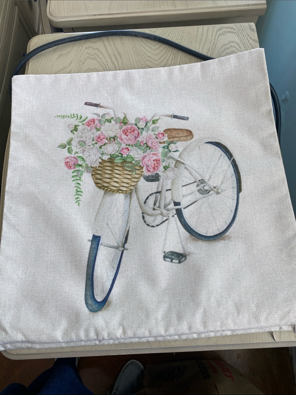 Floral Bicycle Canvas Tote Bag - Pink & Green Accents